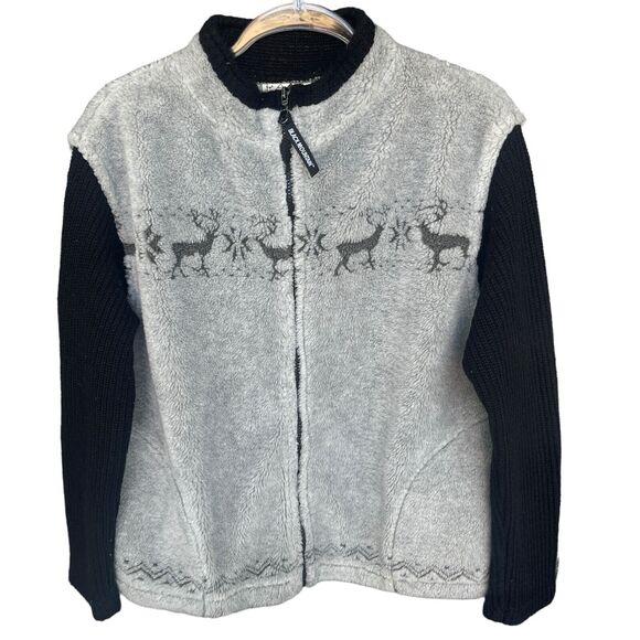 Black Mountain Jacket Womens Large Full Zip Gray Fleece Deer Snowflake Jacket - Picture 1 of 11